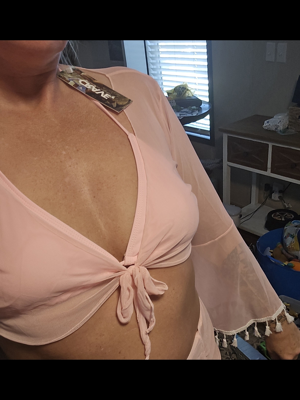 Crave BYFW Pink Tie-Front Bikini Top with Sheer Bell Sleeves And Bottoms W Skirt